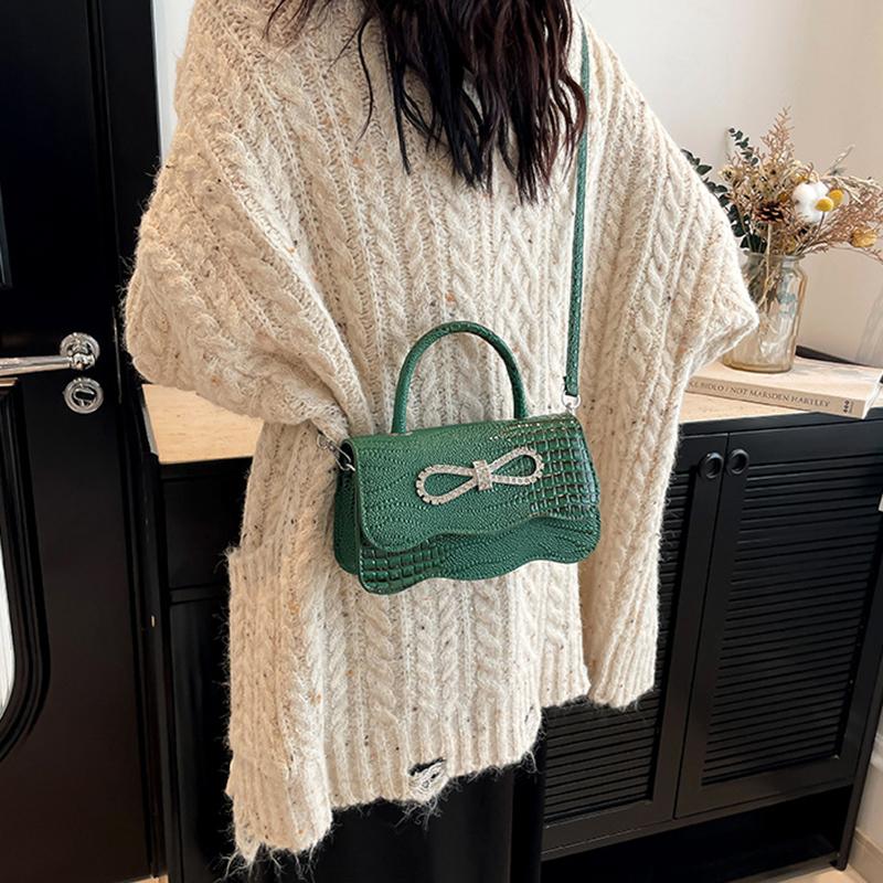 PU Leather Alligator Pattern Small Square Handbag Bow Design Women's Solid Color Fashion Shoulder Crossbody Bag AVE