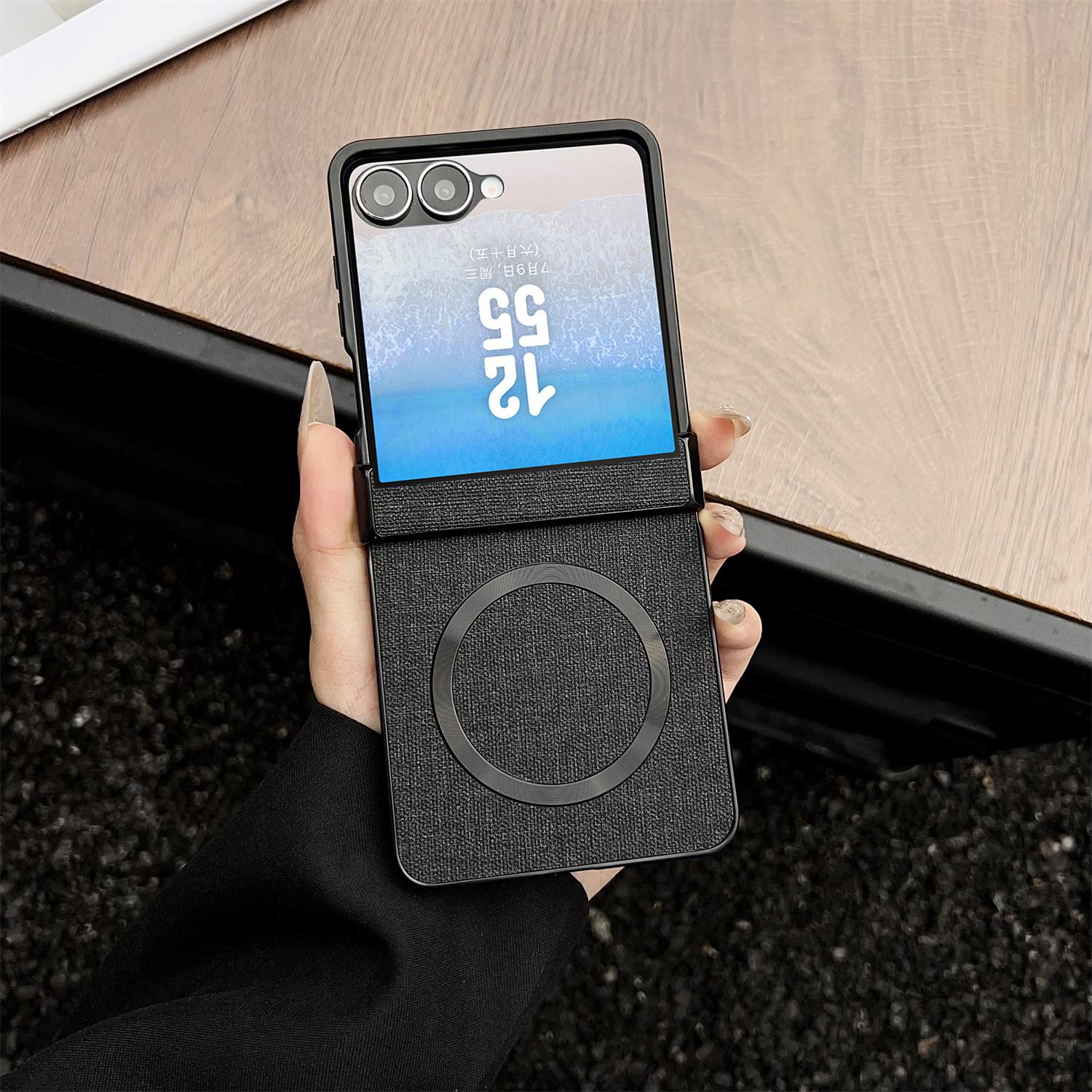 

For Samsung Galaxy Z Flip7 5G Magnetic Case Leather+PC Phone Cover with Rear Screen Film and Hinge Black