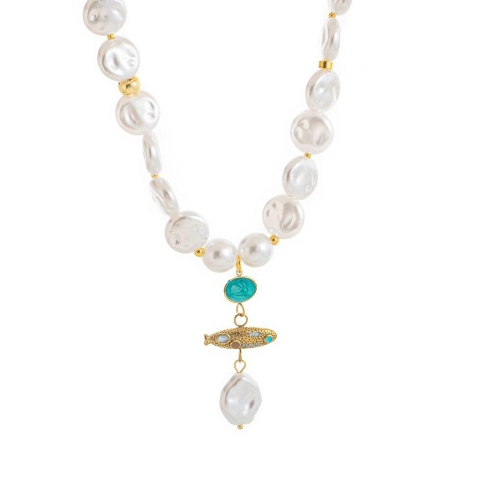 18K Gold Plated Beaded Necklace Stainless Steel Geometric Layered Pendant Necklace Boho Style Pearl Crystal Clavicle Chain