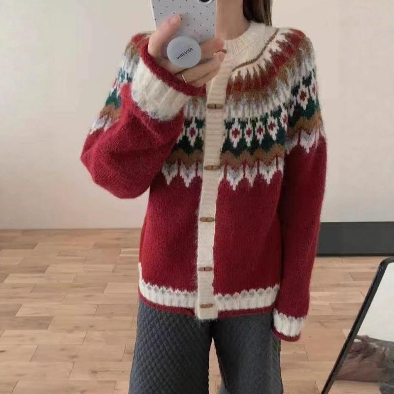 Fair Island sweater jacket women's clothing autumn and winter new loose round neck retro jacquard horn button knitted cardigan