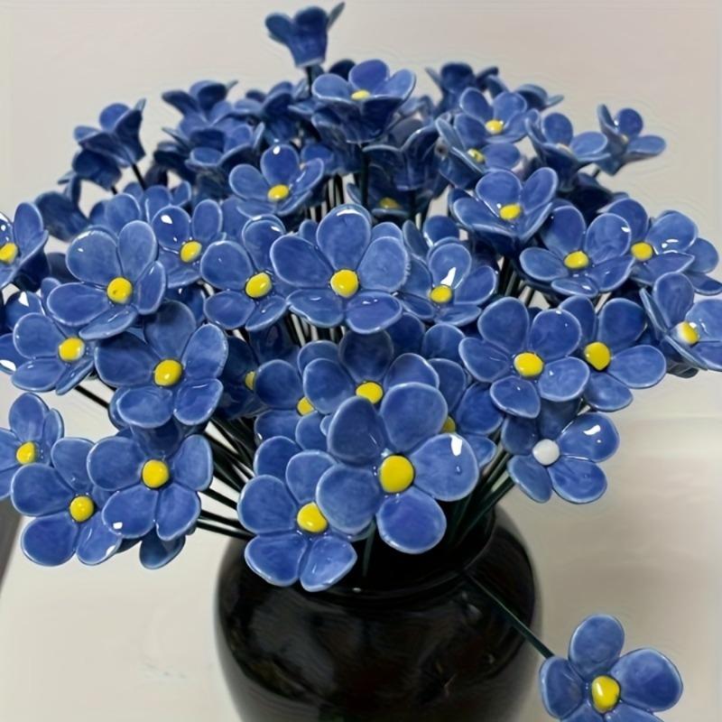 10pcs Forget-Me-Not Ceramic Flowers Handcrafted Fade-Resistant Pottery Decor for Indoor/Outdoor Home Decoration Preserved Flower