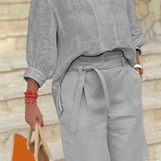 Women's Cotton Linen Two Piece Outfit Casual V-Neck Half Sleeve Lapel Shirt