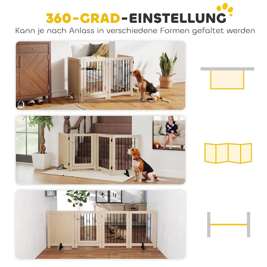 4 Panel Freestanding Pet Gate, Indoor Dog Barrier with Lockable Door, Support Feet, 360 Degrees Flexible Hinges, Oak