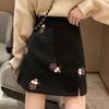 Plus Size Embroidered A-line Wool Skirt - Slimming Hip-hugging Slit Design for Autumn/Winter 2025