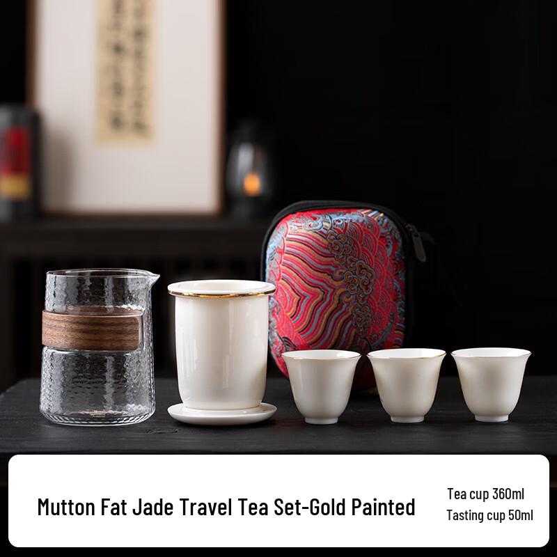 Jianglai White Porcelain Travel Tea Set with Gold Trim
