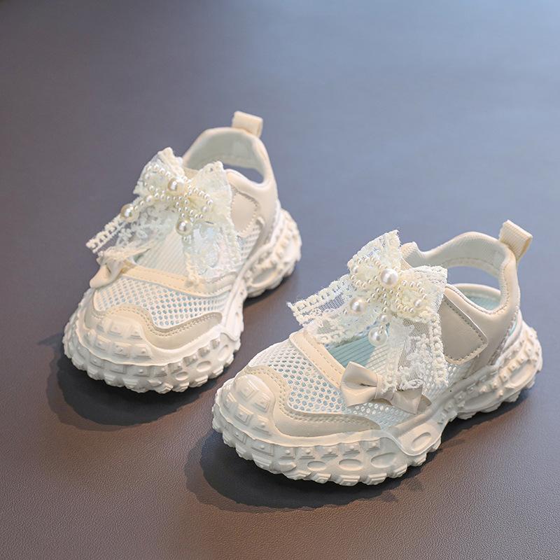 Girls Sports Sandals Mesh Breathable Kids Princess Shoes Lace Bows Sweet 2025 Summer New Children Running Shoes Hook&loop Soft