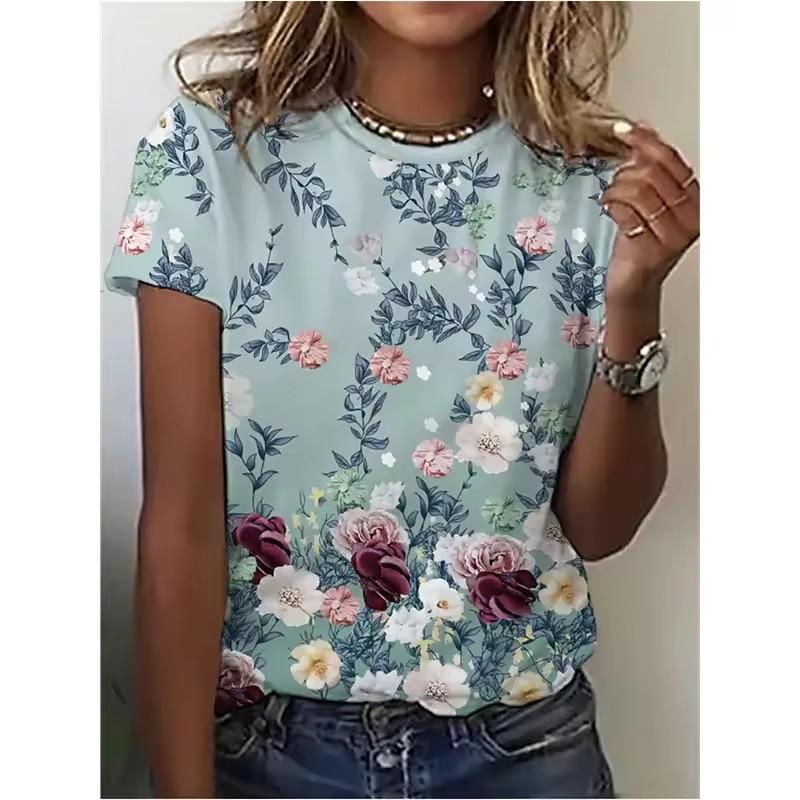 Summer Round Neck Women's T-shirt Fashion Splash Ink Flower 3D Printed Top Comfortable Loose Short Sleeve T-shirt