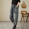 Poches tridimensionnelles Amples et fins Pantalons Harem en Denim Rétro pour Femmes Mode Printemps et Automne Décontractés Taille Élastique Pantalons Style Utility