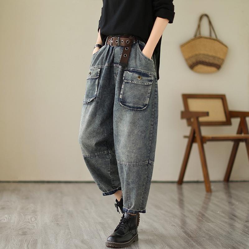 Poches tridimensionnelles Amples et fins Pantalons Harem en Denim Rétro pour Femmes Mode Printemps et Automne Décontractés Taille Élastique Pantalons Style Utility