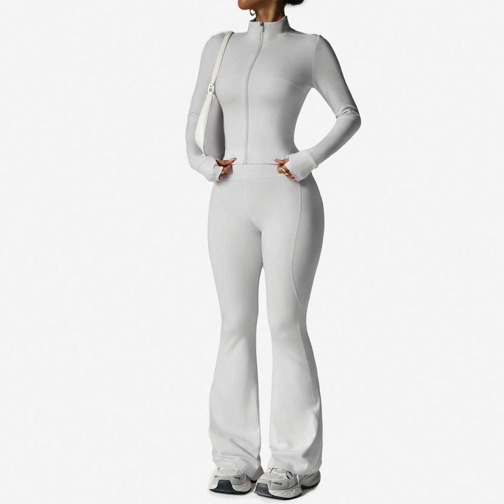 Waist-Cinching Yoga Set: Long-Sleeve Jacket & Butt-Lifting Micro-Flare Pants - Women's Sportswear for Autumn/Winter.