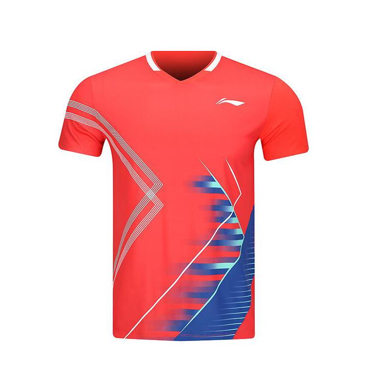 Li-Ning Quick-Dry Comfortable Casual Breathable Sports Training V-Neck Pullover Short Sleeve Badminton Shirt Men Tops Red AAYV051-5