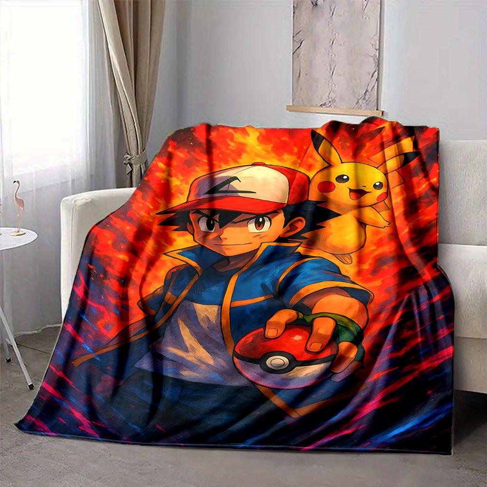 1pc Pokemon Flannel Throw Blanket HD Printed Lightweight Soft Warm All Season Blanket for Sofa, Bed, Travel, Camping Machine Washable