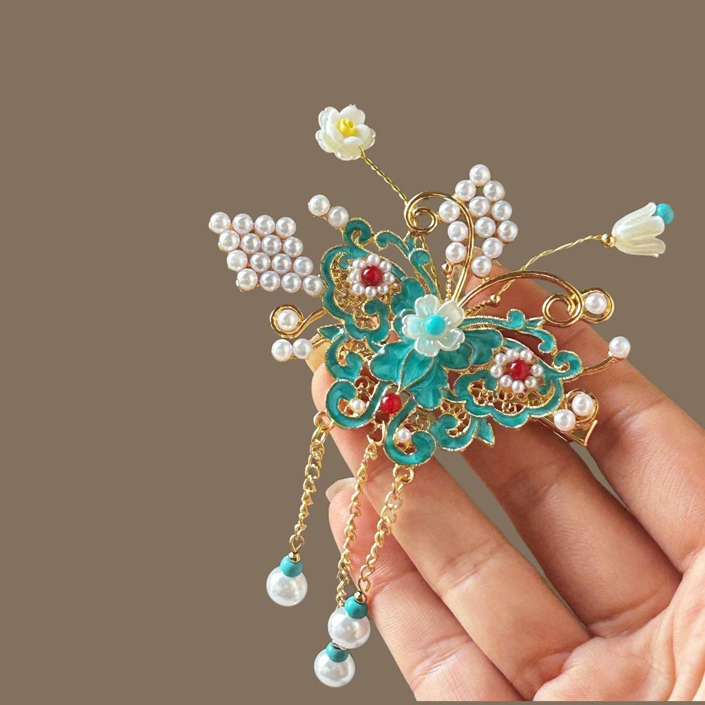 Elegant Blue Cloud Pearl Hairpin with Tassel