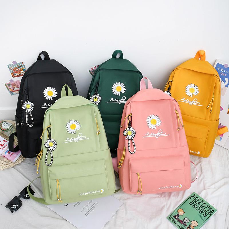 School Opening Must Have Small Daisy Printed Backpack Large Capacity Student Canvas Book Bag Korean Version Girl Four-piece Knapsack Set