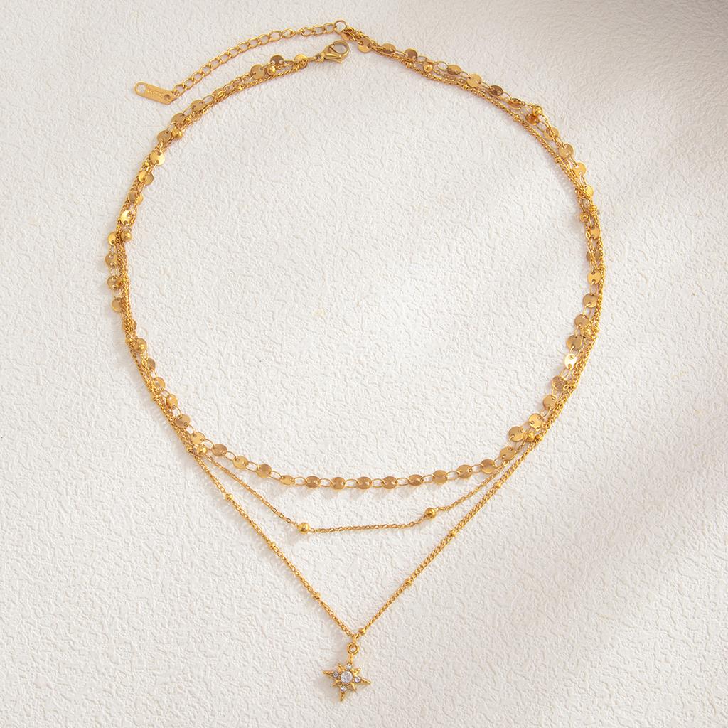 Salircon Exquisite Glass Rhinestone Star Layered Chain Pendant Necklace Women 18K Gold Plated Stainless Steel Waterproof Jewelry