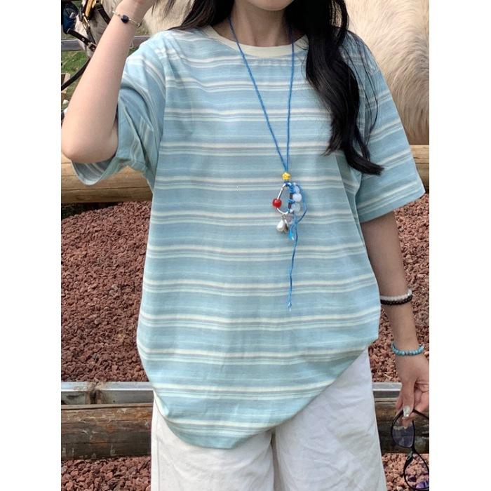 No Price Reduction, Contrasting Color Striped Short-sleeved T-shirt, Women's Korean Lazy Style Loose Casual Crew Neck Top Trend