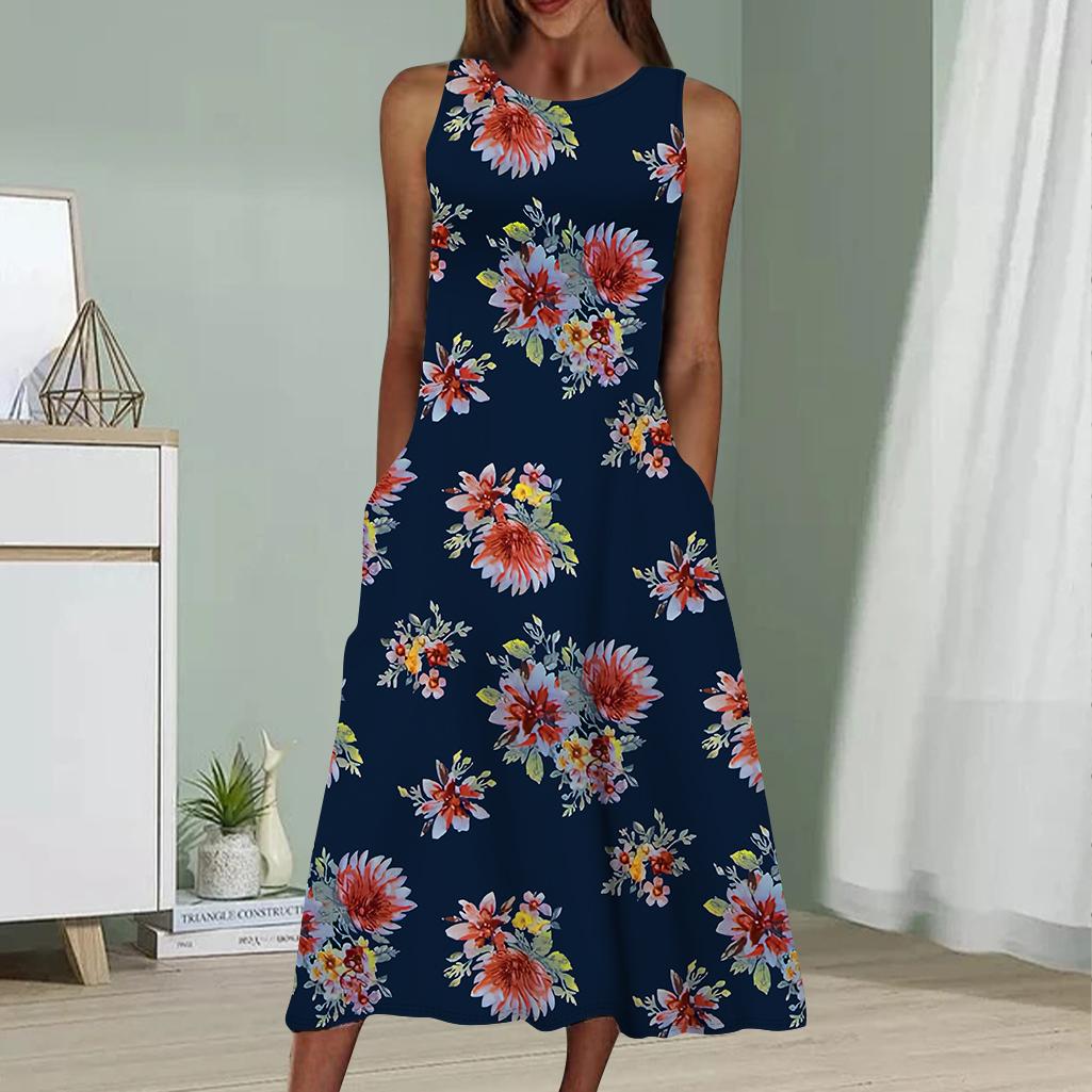 

Летнее модное сексуальное платье без рукавов Мягкое повседневное платье с принтом в виде цветка бегонии 3D Платье без рукавов на бретельках 8XL темно-синий