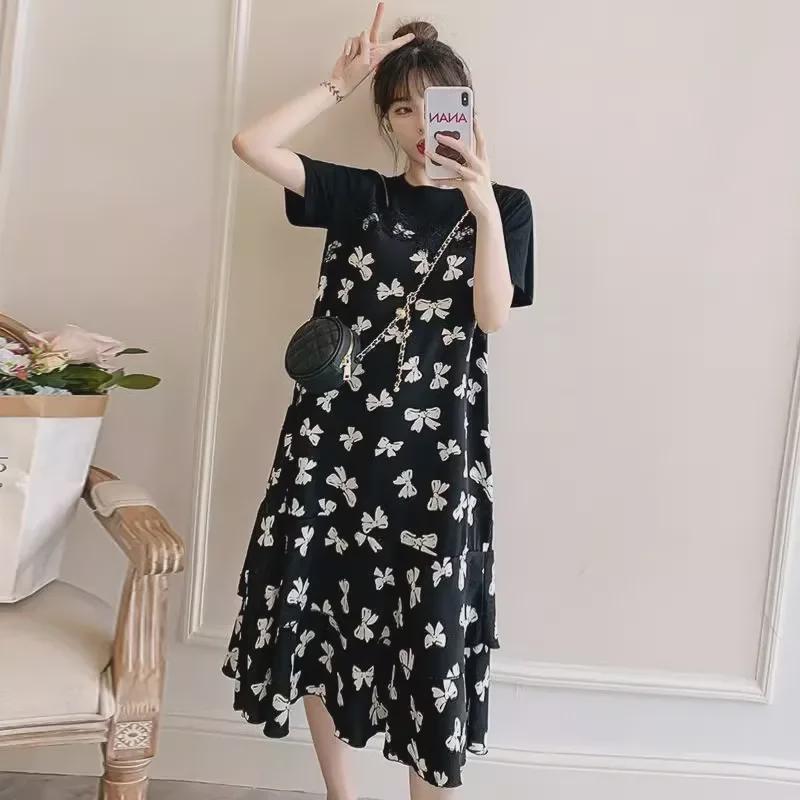 Plus Size Floral Two-Piece Long Skirt Dress - Slimming, Belly-Covering Design for Summer