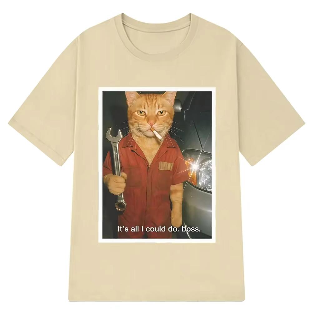 Funny Cat Mechanic Meme Printed TShirt Women Fashion Clothing Harajuku Tshirt Loose and Casual Women Tshirts Streetwear