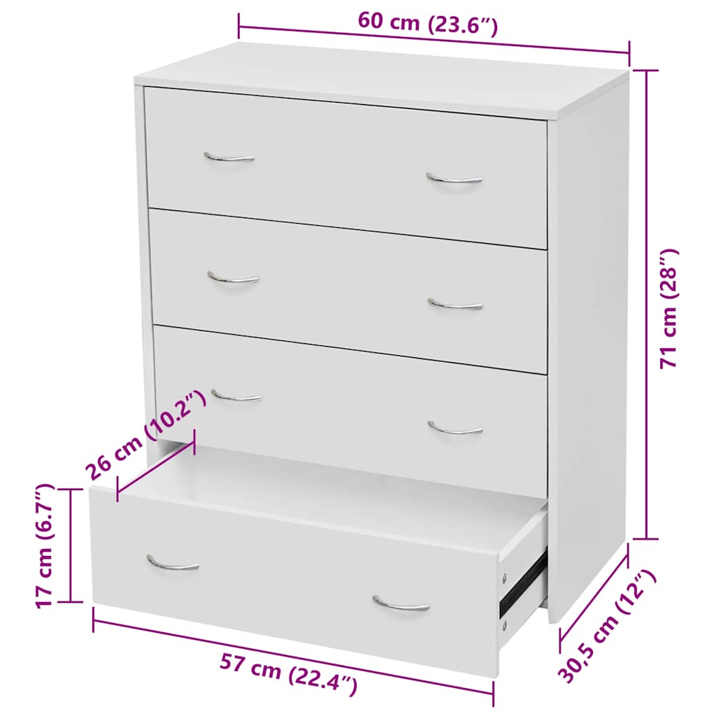 Comodino a 4 cassetti 60*30,5*71 cm Bianco