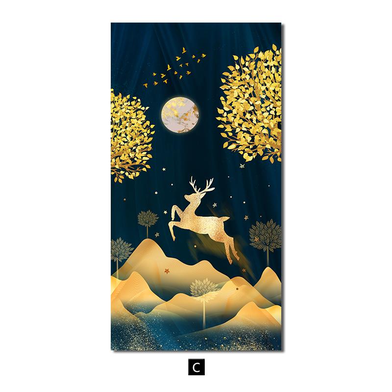 Golden Luxury Landscape Canvas Poster Tree Deer Birds Wall Art Painting Nordic Print Decorative Picture Living Room Home Decor