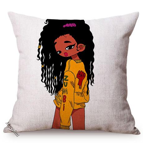 Cute Africa Girl Cushion Cover Fashion Black Woman Swimwear Show Cartoon Sofa Decoration Cotton Linen Chair Pillow Case Cojines