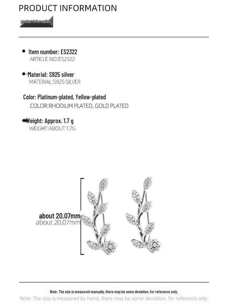 Banyan Tree S925 Silver Olive Branch Leaf Zircon Ear Hooks - Cold Style Summer Earrings for Women