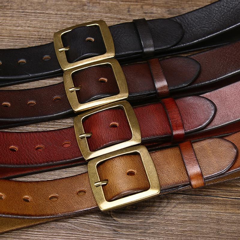 3.8cm Width Thick Retro Cowhide Genuine Leather Belt for Men Solid Brass Copper Pin Buckle Belts Male Strap for Jeans
