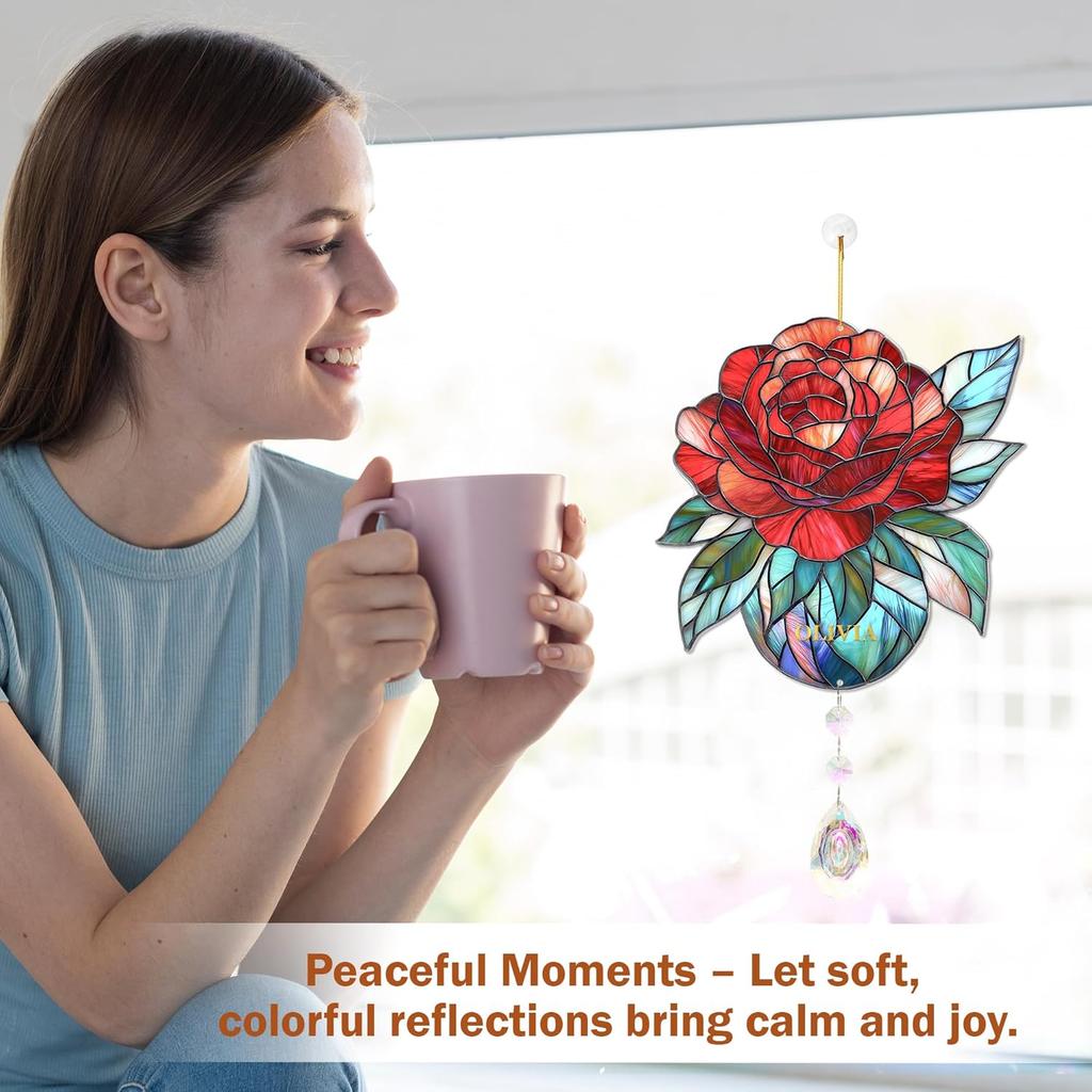 Rose Suncatcher - Birth Flower Gifts for Women, Birth Flower with Name Suncatcher Ornament with Crystal, for Mom, Grandma
