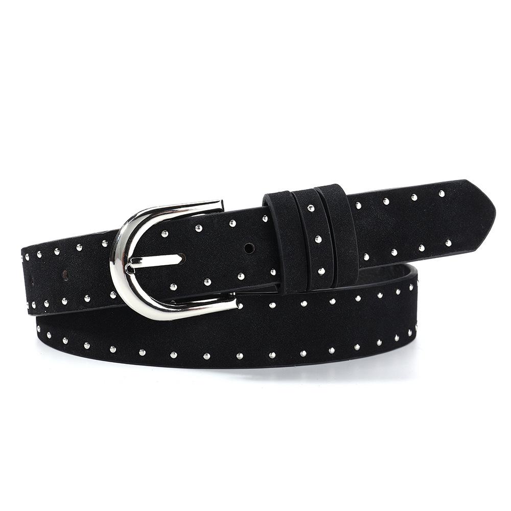 Velvet Studded Leather Belt with Pin Buckle - Retro Hip Hop Style for Women