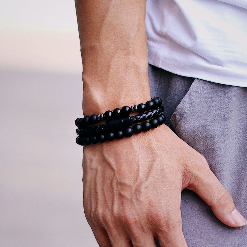 Noter Set 3 bucăți Brățări Bărbați 8mm Onix natural Ochi de tigru Brățară de piatră Homme Închizătoare Magentic Braslet din piele Pulsera Hombre Cadou