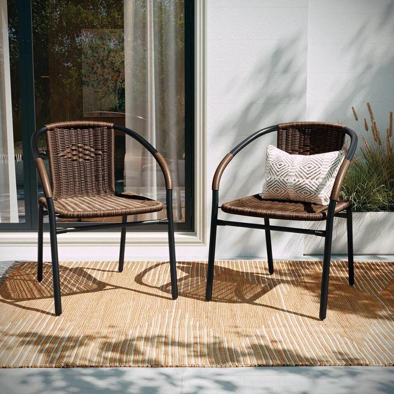 Set of 2 Modern Rattan Stack Chairs Indoor/Outdoor Patio Curved Back Cross Bracing Brown, Customized