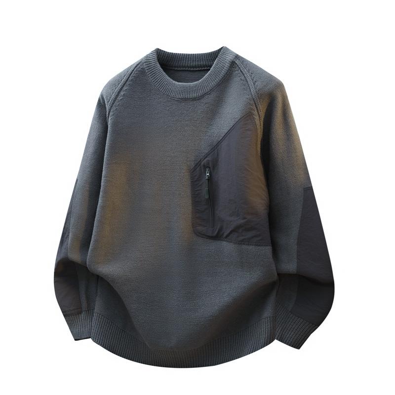 European Trend Men s Round Neck Sweater with Patch Pocket - Fashionable, Versatile, High-Quality Knitwear M