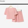 ZANZEA Women Casual Short Sleeve Blouse and Short Skirts Elegant Two Piece Suit Sets