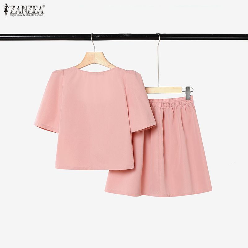 ZANZEA Women Casual Short Sleeve Blouse and Short Skirts Elegant Two Piece Suit Sets