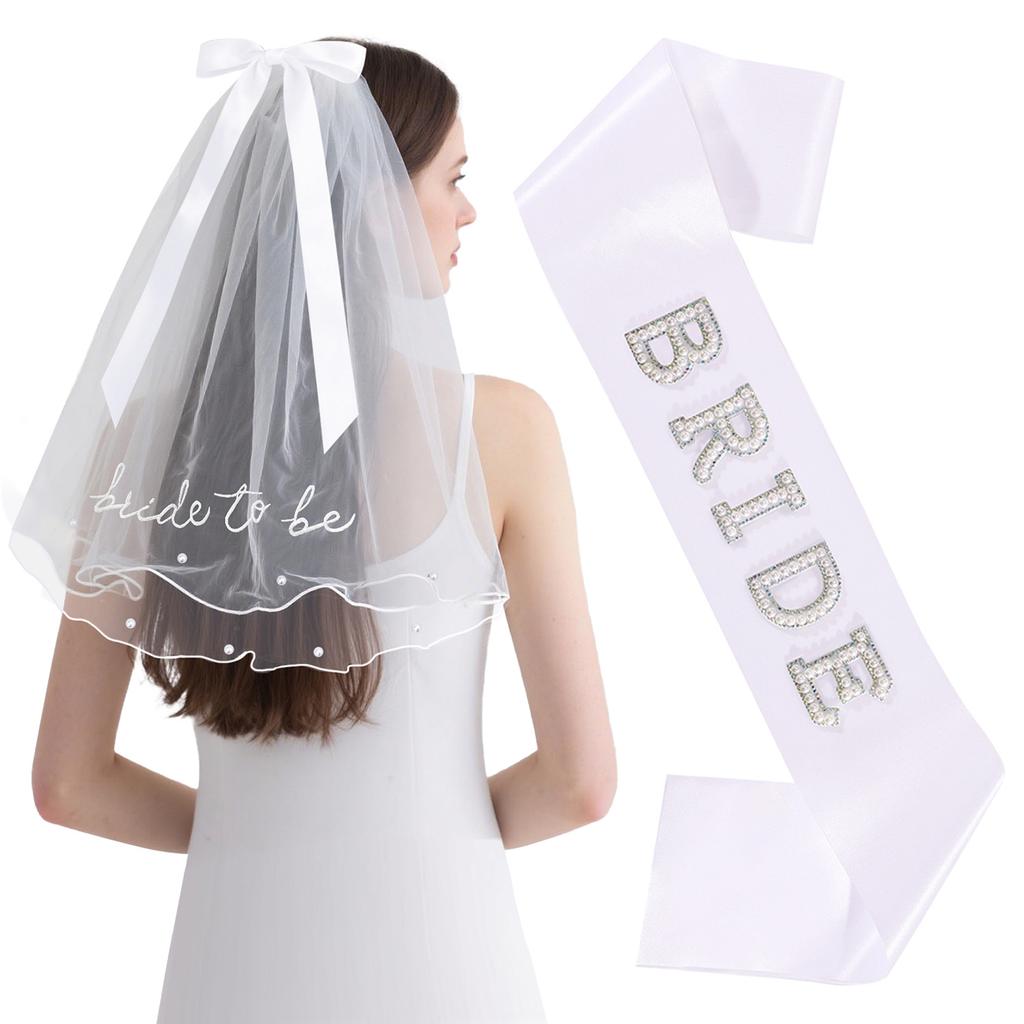 Bridal Bow Embroidery Pearl Veil Shoulder Strap Set Bride To Be Bachelorette Party Dress Up