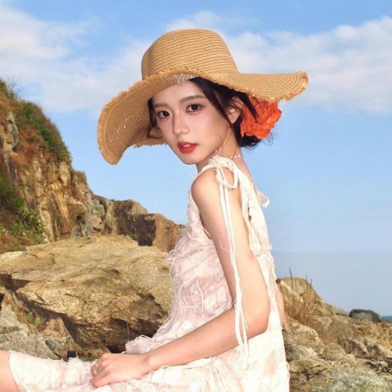 Vacation idyllic Lafite straw hat women's seaside beach sun protection purple line big brim sun hat new