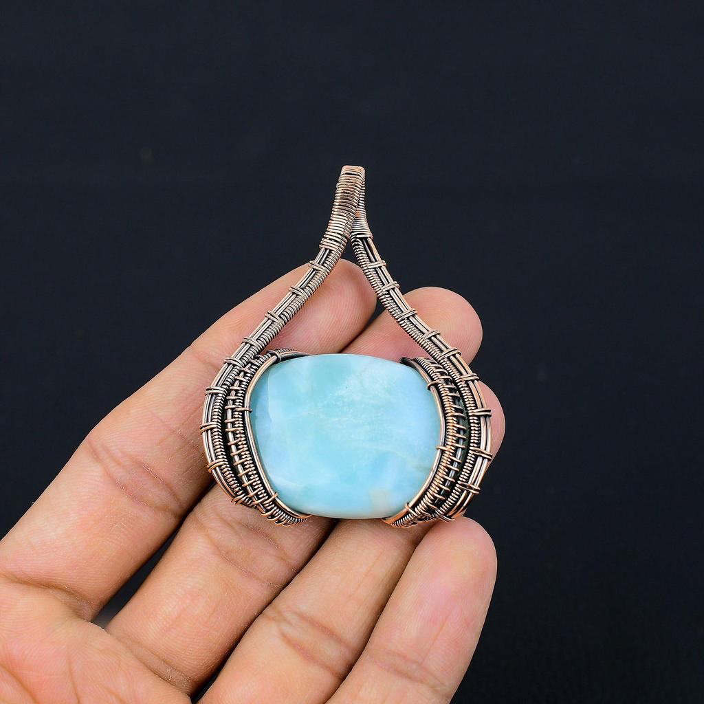 Larimar-Edelstein, reiner Kupferdraht umwickelt, handgefertigter Designer-Anhänger-Schmuck für Sie