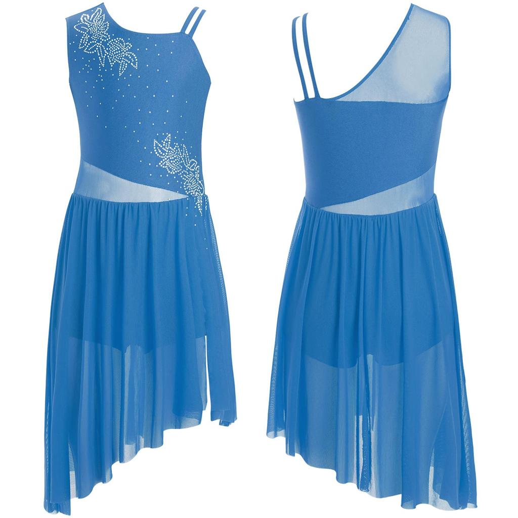 Rochie de Dans Liric pentru Fete Fără Mâneci cu Model Floral cu Strasuri Asimetrică cu Fantă pentru Spectacole de Scenă