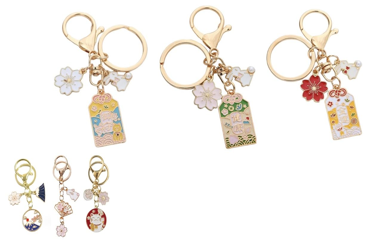 Villageriver Japanese Souvenir Keychain Set - Mt. Fuji, Cherry Blossom, Maneki-neko, Omamori (3 Omamori Included)