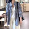 Damen Karo Baumwolle Knopfleiste Hemd Oversized Kragen Langarm Bluse Freizeit Sonnenschutz Oberbekleidung