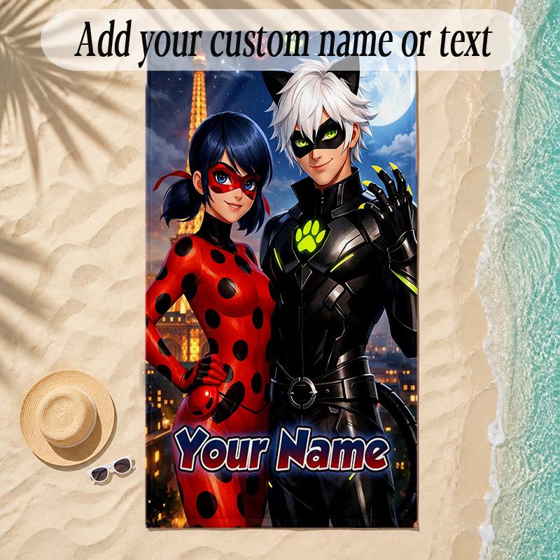Beach TowelMiraculous Ladybug Custom Name Text Personalized Soft Towel for Beach Pool Indoor Home Decor Gift
