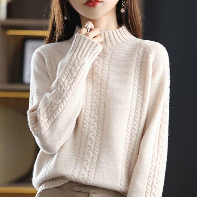 Women's Thick Cable Knit Pullover - Half-High Neck Sweater for Autumn & Winter