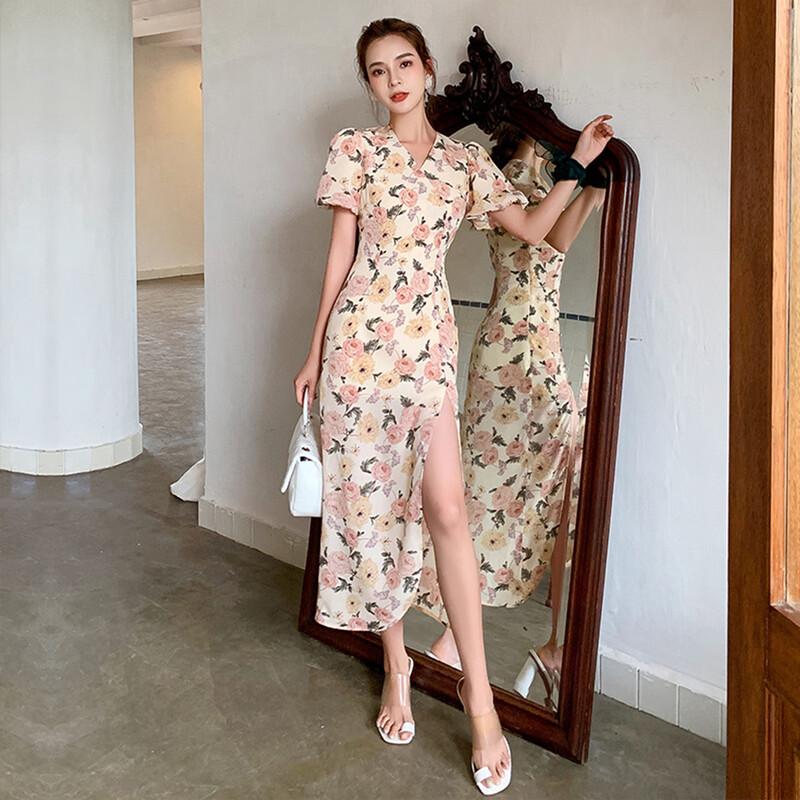 Elegant French Chinese Style Slit Chiffon Dress