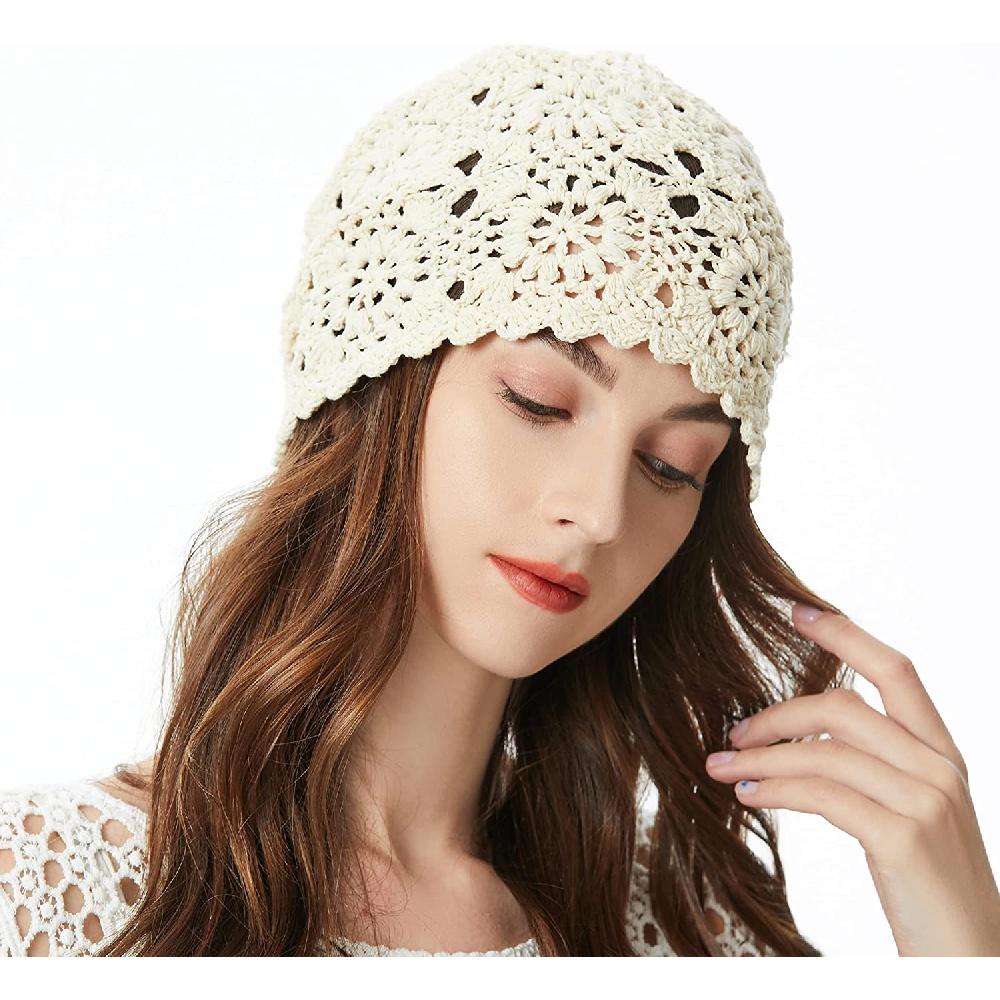 Damen-Mütze aus Baumwolle, gehäkelt, Slouchy, handgemachte Strickmütze mit Ausschnitt, Sommer-Blumen-Totenkopf-Mütze