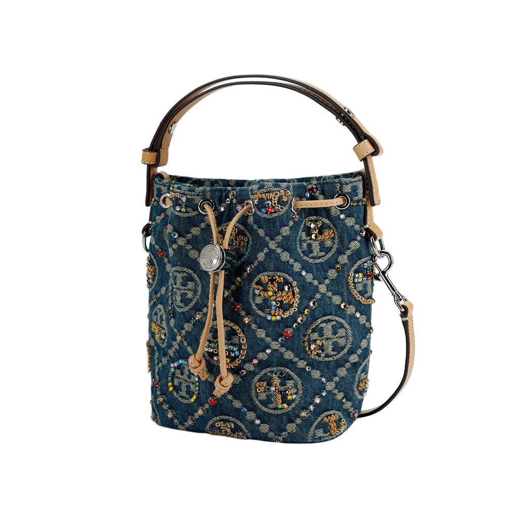 Tory Burch T Monogram Denim Jacquard Beaded Detail Sequin Bucket Bag Fabric Shoulder Tote Mini Women Bags Blue 174266-1025