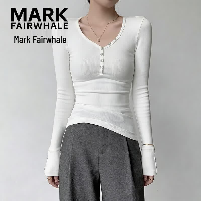 Mark Fairwhale Women's V-Neck Slim-Fit Long Sleeve T-Shirt