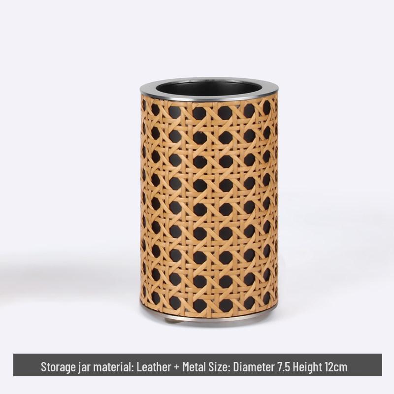 

Modern Woven Leather & Wood Round Storage Tray with Tissue and Sanitizer Holder