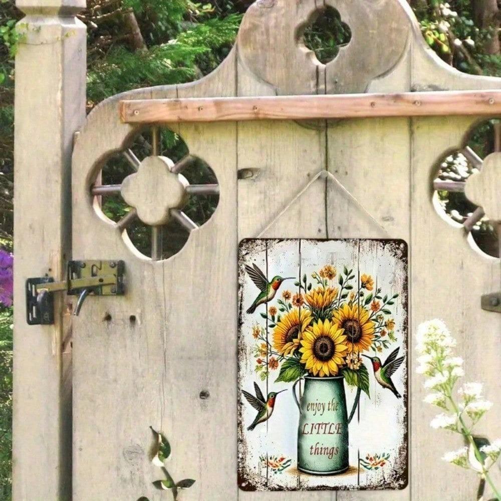 1PC Sunflower Hummingbird Metal Tin Sign, Rustic Farmhouse Wall Decor With Quote Enjoy The Little Things