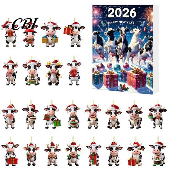 Portable Hanging Decorations for Home Car Christmas Cow Ornament Advent Calendar 2026, 24 Days 2D Acrylic Pendant Cute Shaped Tree Ornaments Countdown